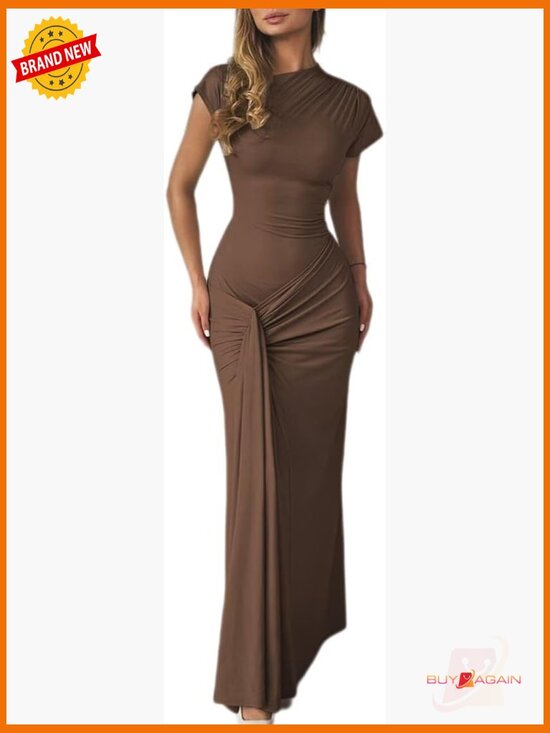 Dresses & Skirts - Bodycon Maxi Dress Mock Neck Lace Up Bandage Ruched Short Sleeve Cocktail Dress